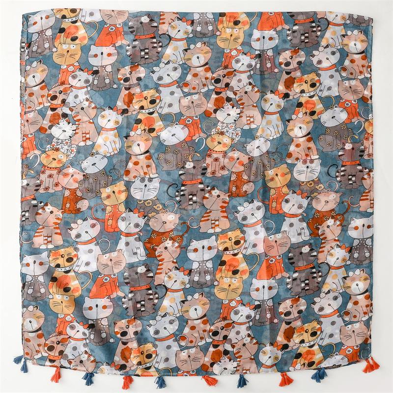 Four Seasons Cute Cat Picture Cotton and Hemp Scarf Sunscreen Shawl Tassel Silk Scarf Neck Protection Scarf