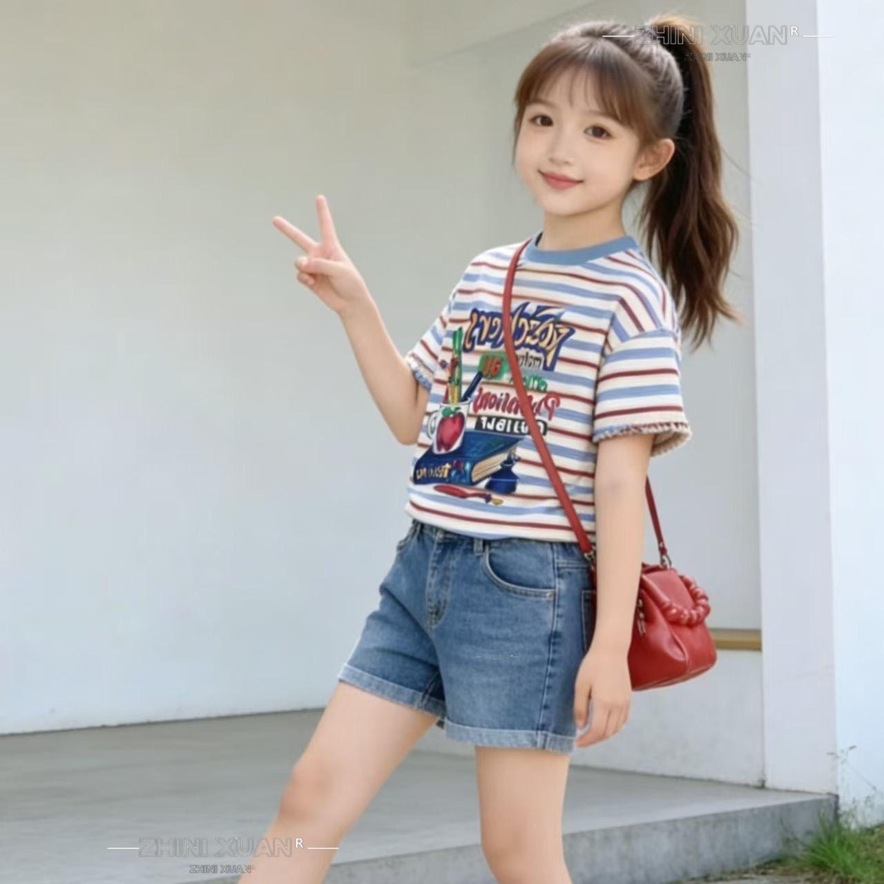 Girls Korean Style Color Block Striped Short-Sleeve T-shirt - Trendy Summer Fashion 100cm