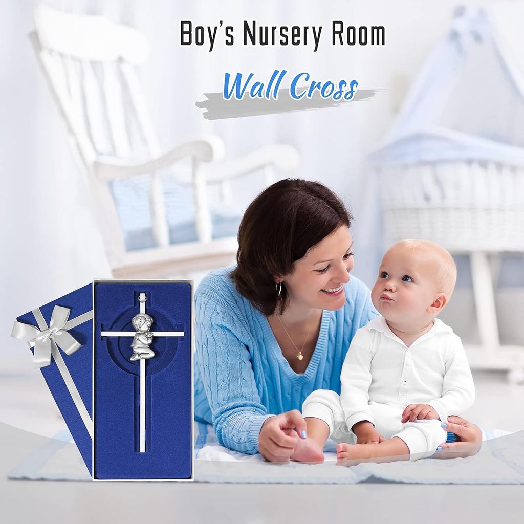 Baby Wall Cross Baptism Gifts for Boys, 7-inch Silver Blessing Boy Baptism Crosses for First Holy Communion Christening and Dedication Baptismal
