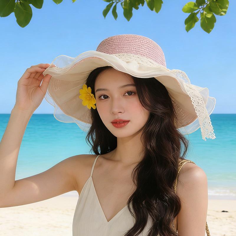 Summer sunshade UV protection beach hat lace bow sun hat