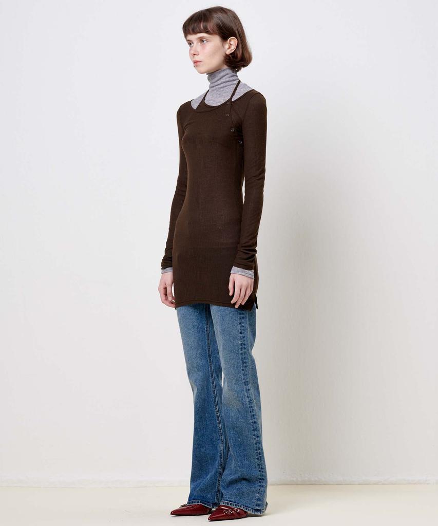 Plack Woman String Detail Layered Dress Brown