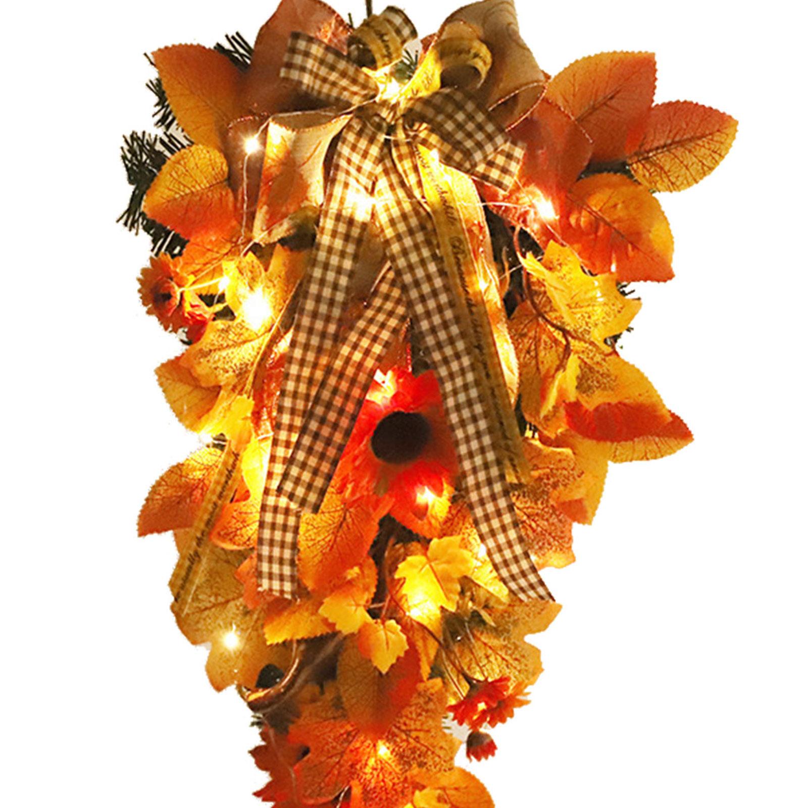 

Maple Leaves Swag Wreath Fall Autumn Artificial Peony Sunflower Flower Teardrop Wreath Front Door Festival Decor Type 1