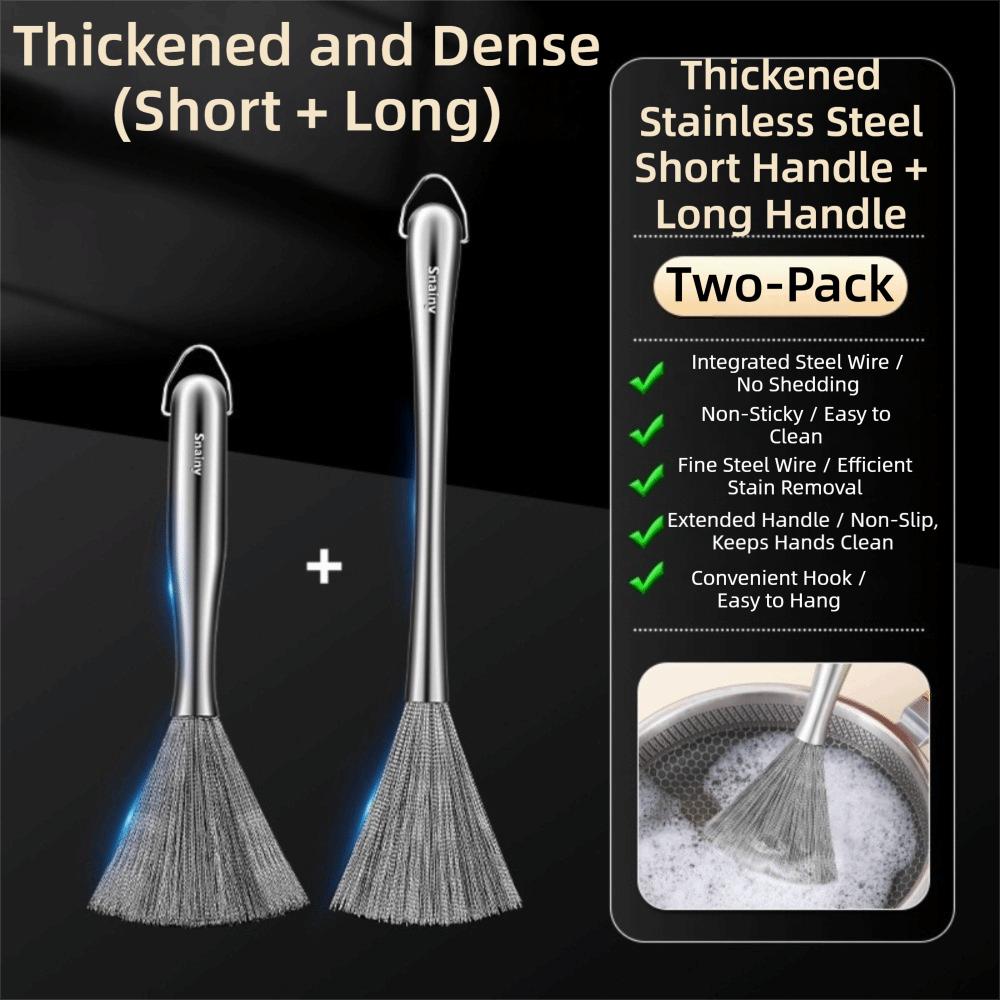 Stainless Steel Kitchen Cleaning Brush Long Handle Anti-Rust Dish Washing Brush One-piece Molded Steel Wire Pot Cleaning Tool