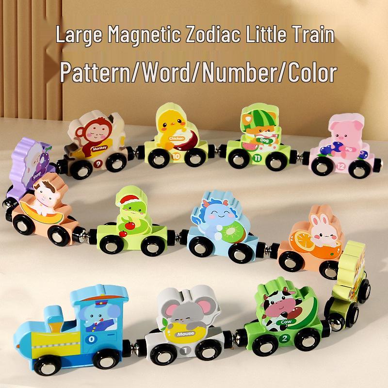 Dinosaur Wooden Magnetic Number Train - Children's Educational Pull-Along Toy with Cartoon Animal Building Blocks