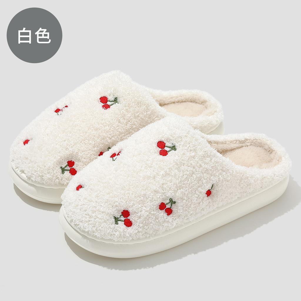 Home Cotton Slippers Winter Cute Embroidered Cherry Plush Warm Indoor Household Non-slip Fluffy Slippers