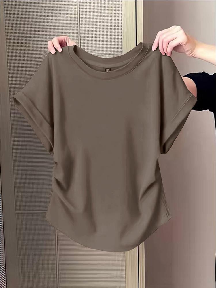 Lotus Root Pink Slimming Cotton T-Shirt for Women, 2026 Style with Cap Sleeves and Cinched Waist.