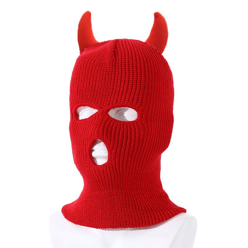 Horn Warm Knitted Hat Headgear Three-hole Wool Hat Ski Mask Funny Halloween Headgear Hat