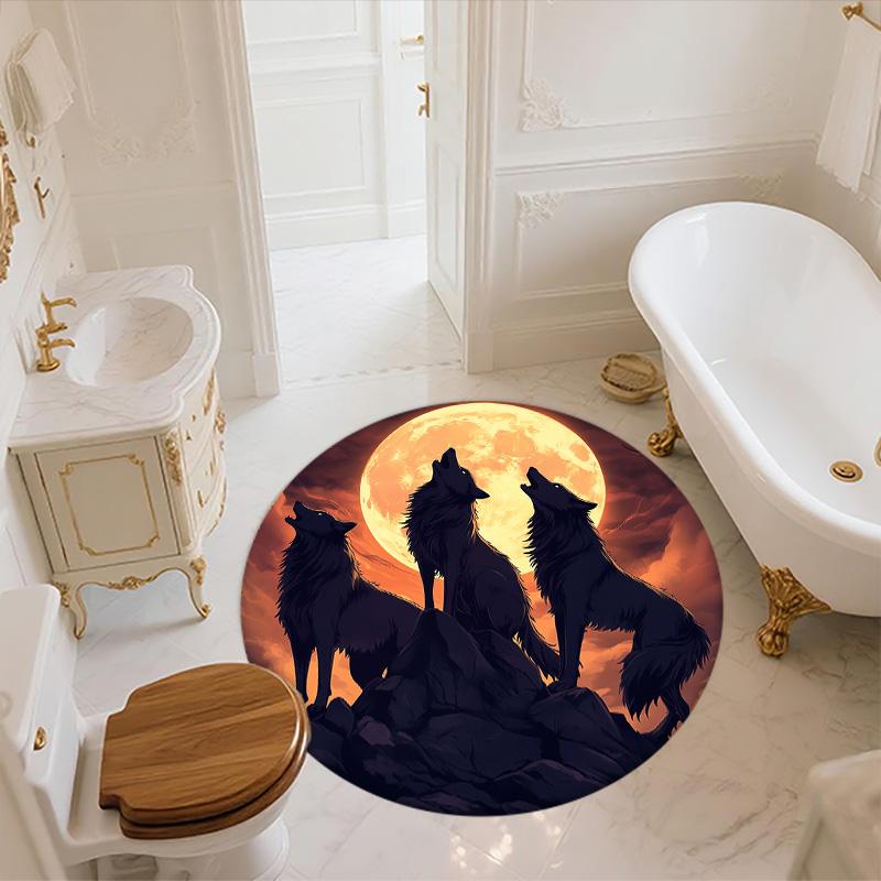Moon Wolf,Round Area Rug,Carpet Rug for Living Room Bedroom Sofa Playroom Decor,Non-slip Floor Mat