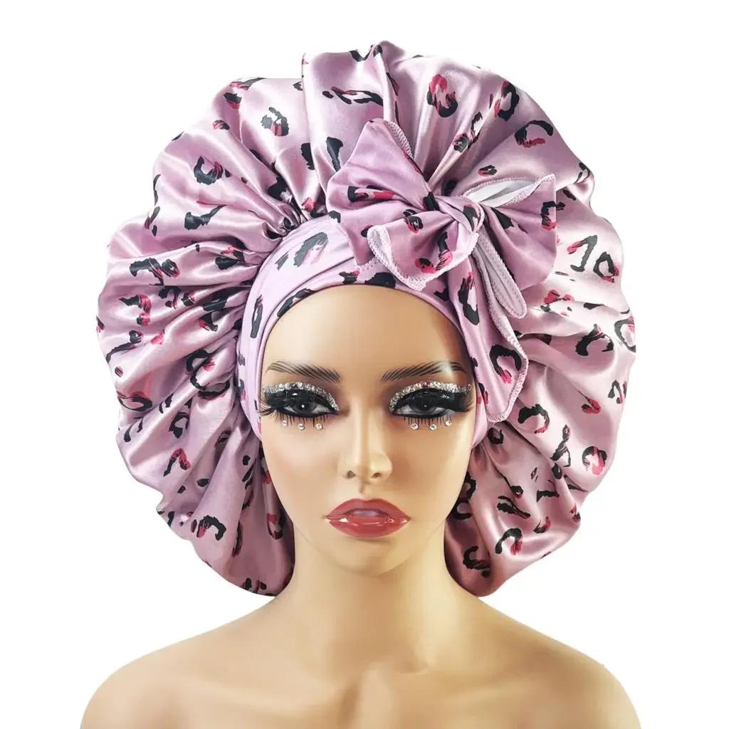 New Large Satin Bonnet Silk Night Sleeping Cap With Head Tie Band Bonnet Edge Wrap For Women Curly Braid Hair