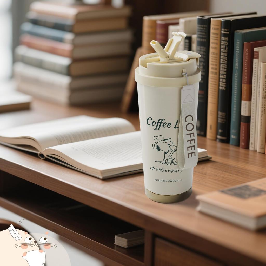 Snoopy Vacuum Large Straw Easy To 520ml Keeps Hot or Wide Unofficial Thermos, Insulated, Capacity, Included, Clean, Capacity, Cold, Mouth, Leak-Proof,