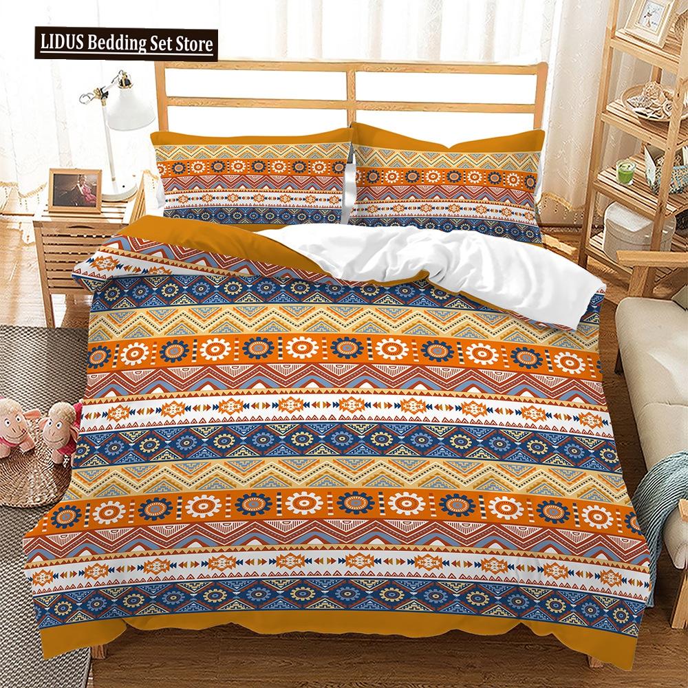 Bohemian Duvet Cover Set 3 Pieces Trellis Striped Ethnic Boho Vintage Quilt King Queen For Boy Girls Teens Polyester Bedding Set