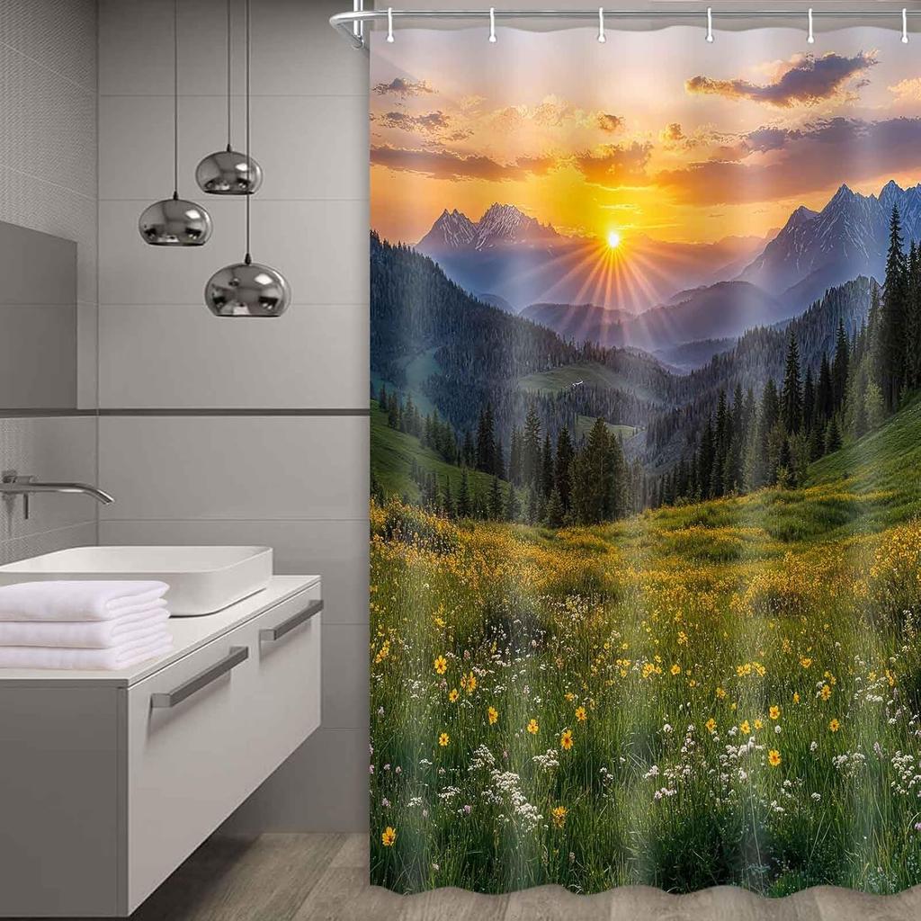 Sunset Mountain Forest Shower Curtain – Wildflowers & Pine Trees, Rustic Nature Bathroom Decor 12Pcs Hooks 71X71Inch