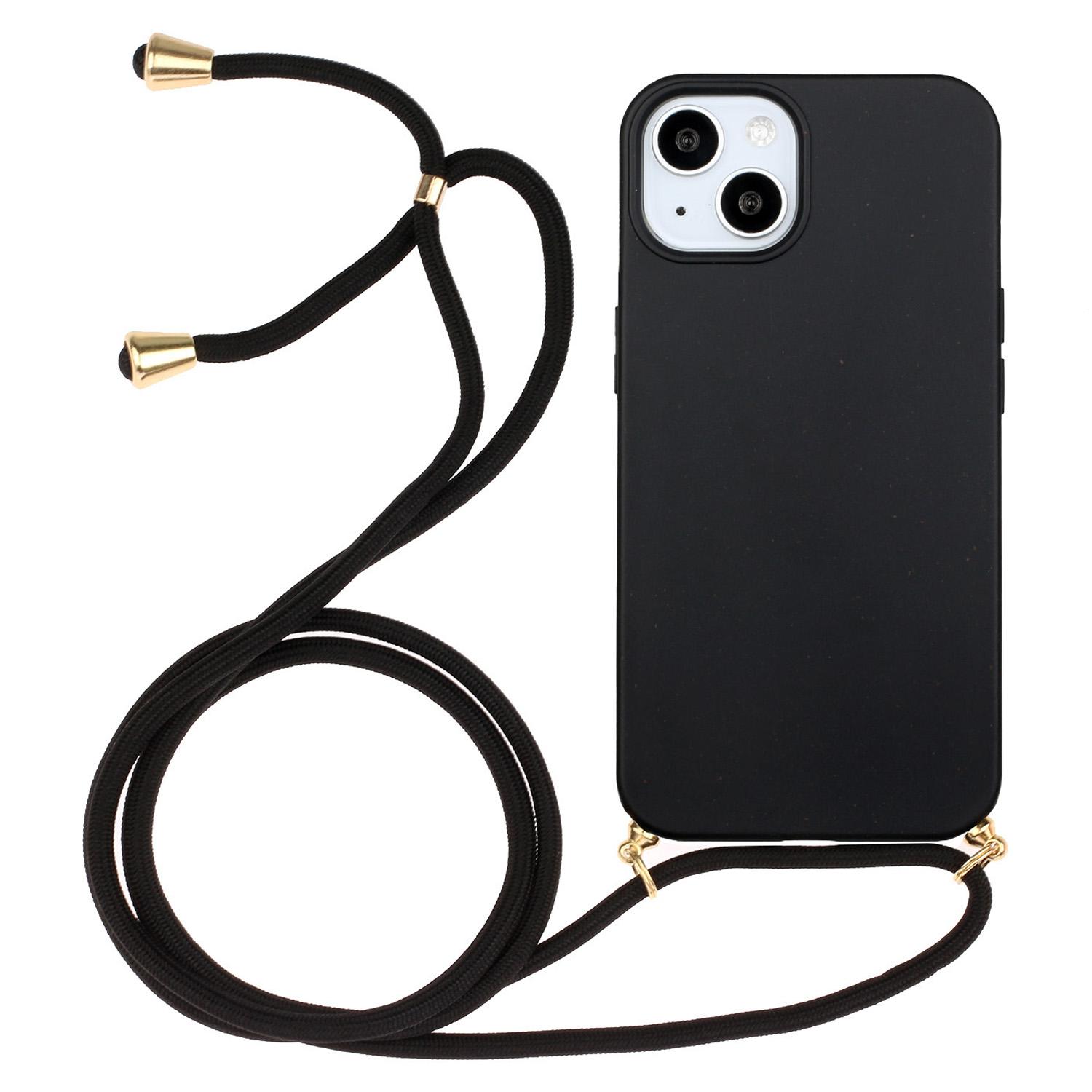 

For iPhone 15 Plus Biodegradable Phone Case Wheat Straw+TPU Shockproof Protection Cover with Lanyard Black