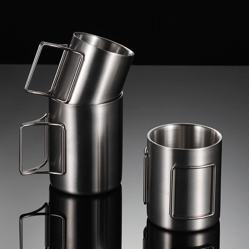 200-400ml Double-layer Stainless Steel Mugs Outdoor Camping Water Beer Mug Hike Handle Picnic Cups Family Friends Drinking Set