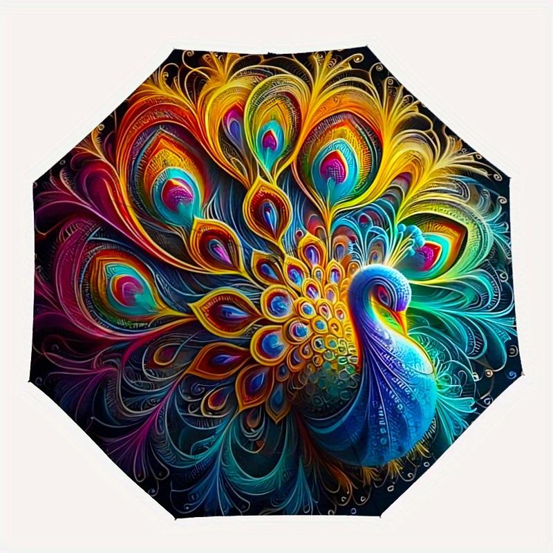 

1pc Peacock Feather Mandala Automatic Opening/closing umbrella, Reinforced 8-Rib Construction, Compact Travel Umbrella yy250808186