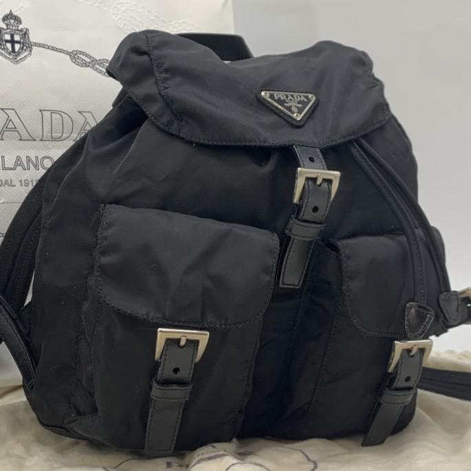 PRADA Tessuto Nylon Rucksuck Backpack Daypack Leather Black Women's Triangle Logo Plate