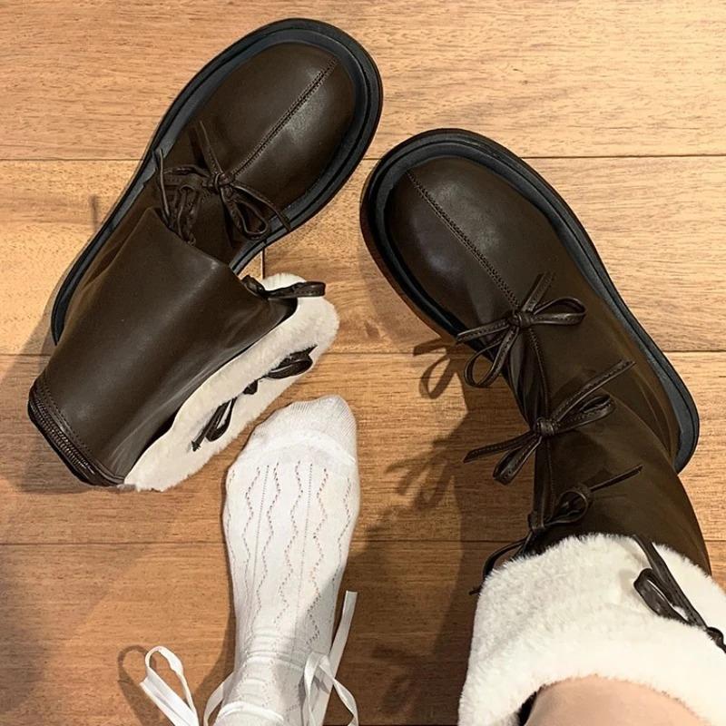 Autumn Winter Short Plush Woman Knee High Boot Fashion Butterfly-knot Knight Long Booties Thick Bottom Botas Feminino