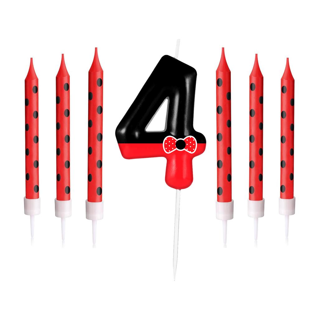 7pcs Black Red Bow Birthday Candles for Boys Girls, Red Mouse Number 0-9 Cartoon Themed Birthday Party Cake Decorations Supplies