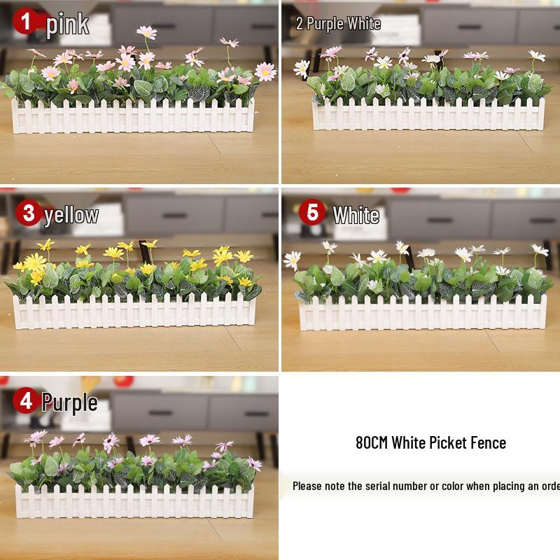 Silk Flower Pot with Wood Fence: Decorative Bonsai for Living Room or Office.