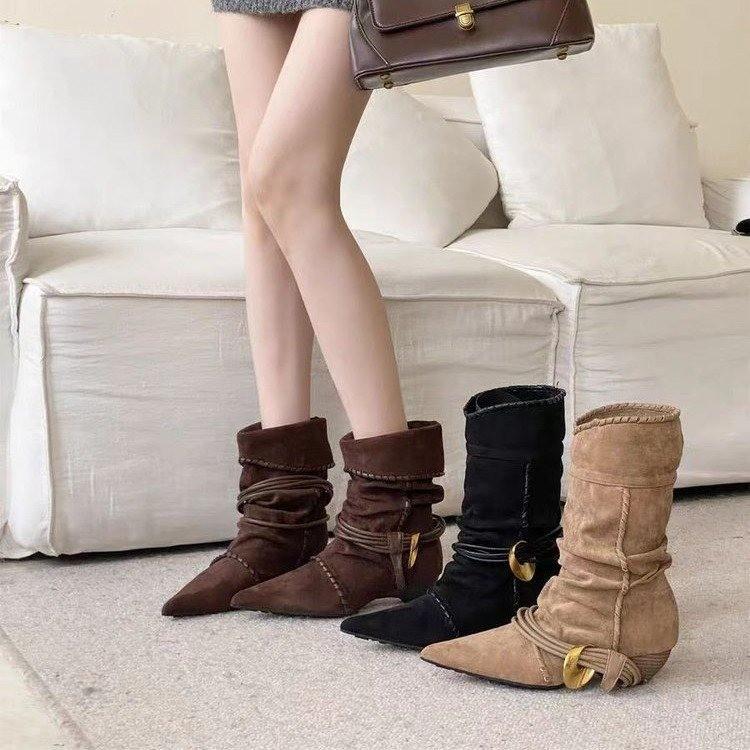 [Fanfna] Frosted kitten heap boots, pointed head sleeve, thick heel, medium heel, short boots, flanged two, wear cowboy boots
