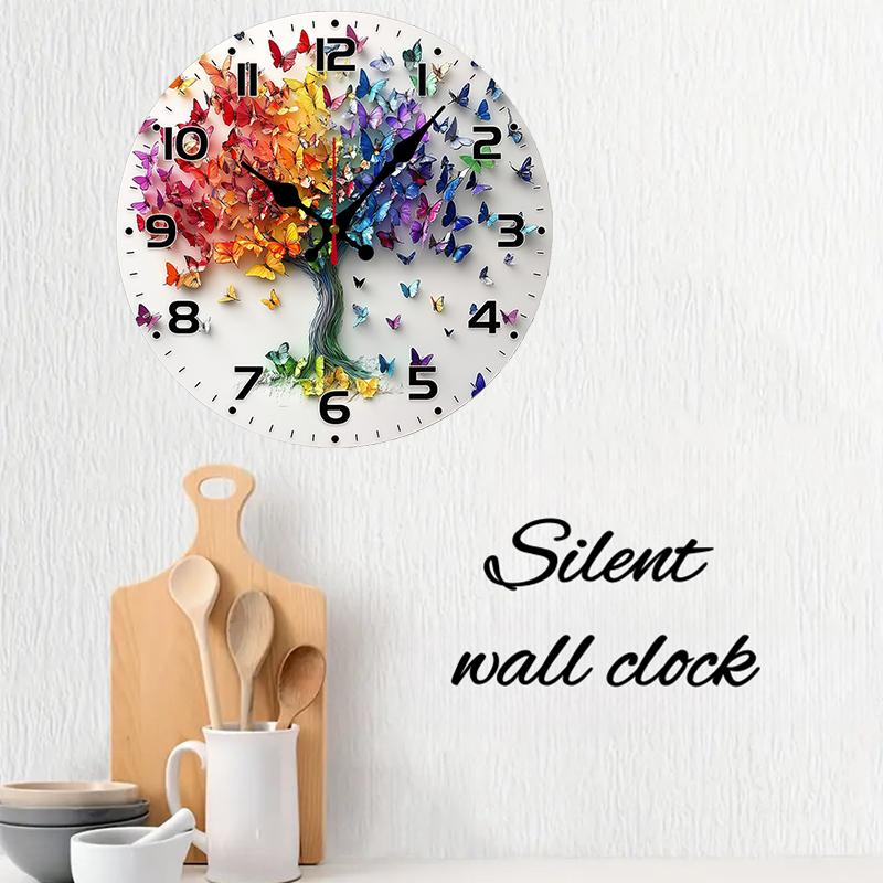 Butterfly Tree Wooden Round Silent Hanging Wall Clock, Suitable For Living Room, Office, Study Room, Bedroom, Home Decoration