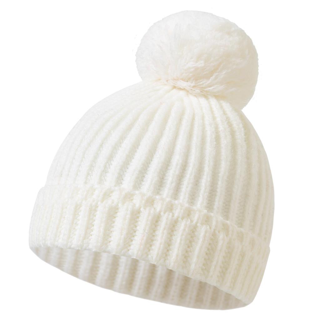

Вязаная шапка для новорожденных от 0 до 1 года, однотонная, для отдыха, для мальчиков и девочек, на осень и зиму, теплая шапка, милый дизайн с большим меховым шариком, детские аксессуары 0-12 months белый
