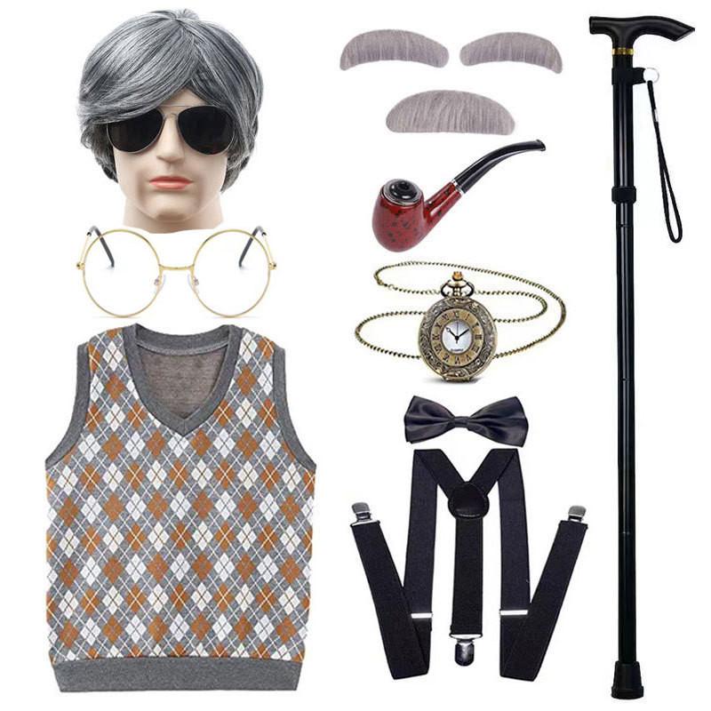 Disfraz de abuelo premium con peluca, chaleco elegante y accesorios para niños y adultos.