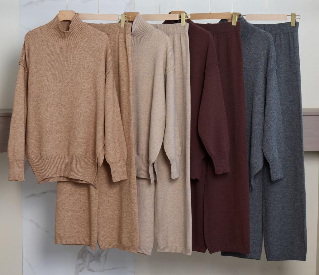 Solid Color Loose Turtleneck Knit Sweater Wide Leg Pants Suit