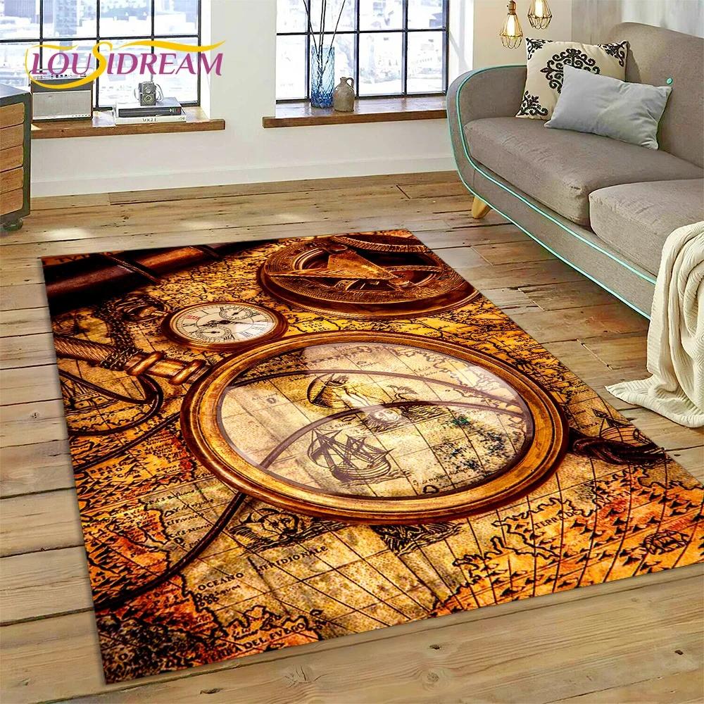 3D Oude Zeekaart Wereldkaart Kompas Tapijt Tapijt voor Slaapkamer Woonkamer Bank Decoratie, Kinderspel Grote Decoratieve Vloermat