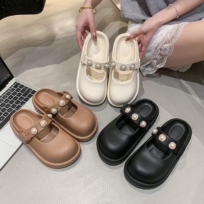 Women's Round Head Pearl Inlaid Decoration  Summer New Style Sweet Outdoor Beach Solid Color Slippers