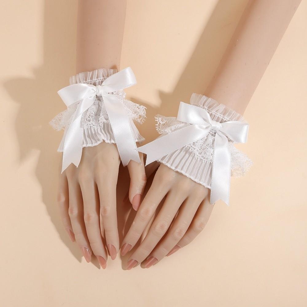 Vintage Pleated Ruched Detachable Cuffs Double Layer Elastic Bow Lace Wrist Cuffs Mesh Flower False Cuffs Wedding Decor белый