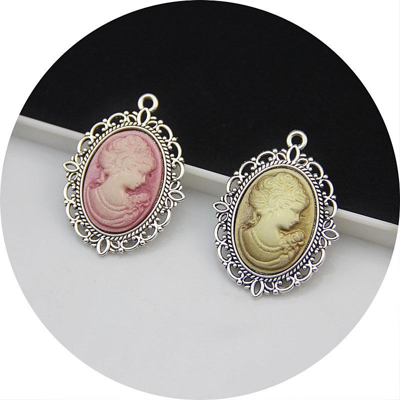 Antique Silver Oval Zinc Alloy Pendant With An Inlaid 18*25Mm Beauty Head Design, Hair Accessory Necklace, Diy Jewelry Accessory