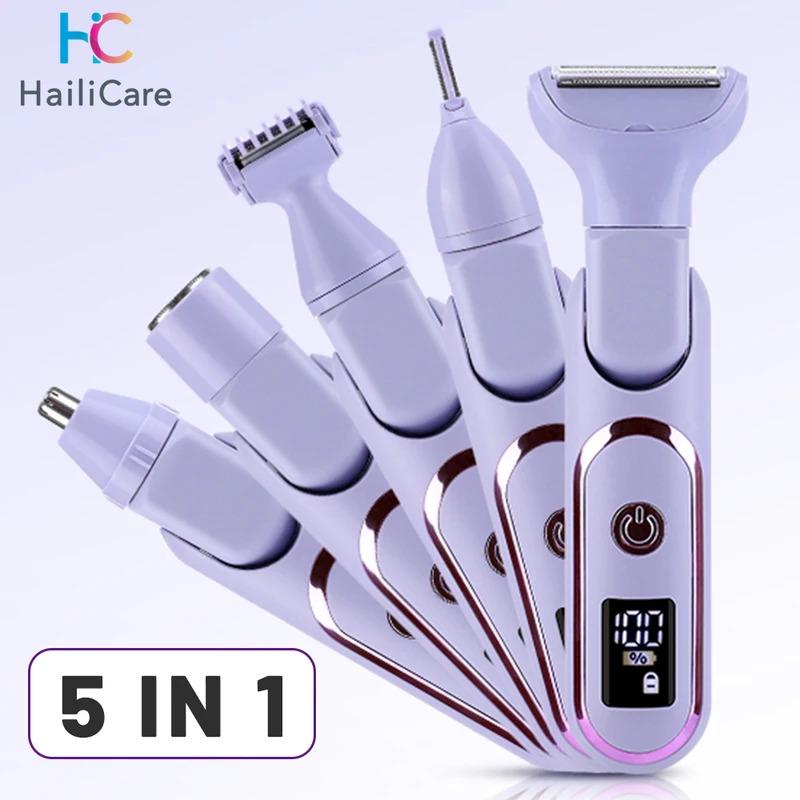 Afeitadora eléctrica 5 en 1 para mujer, afeitadora corporal, recortadora de vello para axilas, bikini, brazos, piernas, rostro y bigote, portátil, indolora.