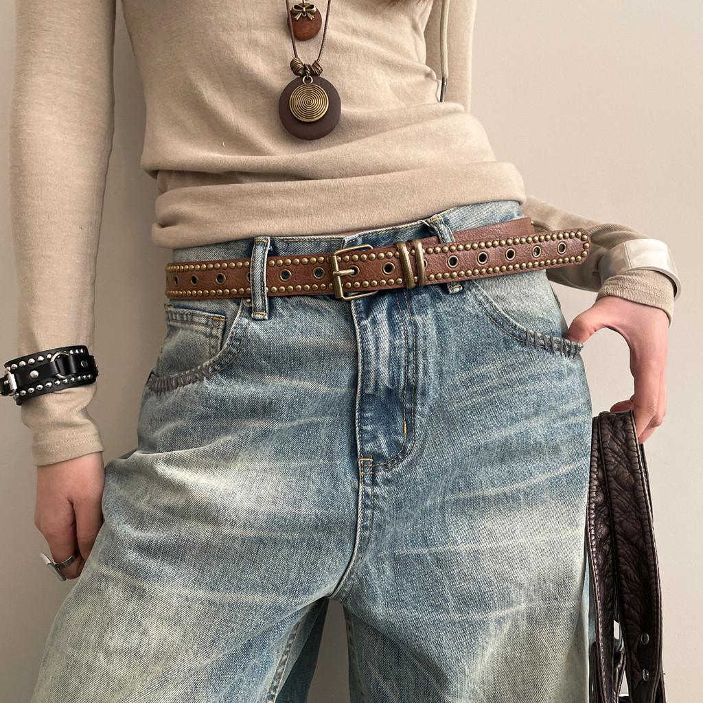 Vintage American Y2k Pu Leather Belt With Alloy Buckle For Casual Wear