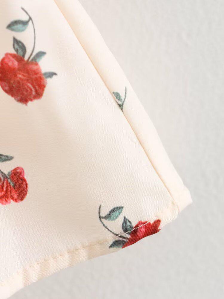 2025 Spring Women's European & American Floral Long Sleeve Round Neck Pleated Shirt