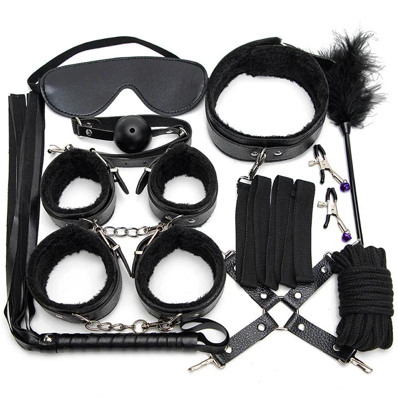Kits Sexy Leather Plush Sex Bondage Set Handcuffs Sex Games Whip Gag Nipple Clamps Sex Toys For Couples Exotic Accessories