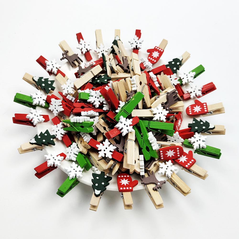 100Pcs Mixed Color Christmas Mini Wooden Clips Red Green Snowflake Elk Christmas Tree Decor Accessories Xmas 2023 Decorations