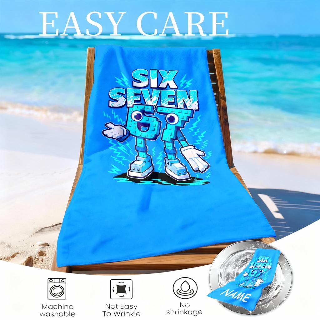 Personalized Number 67 Cartoon Beach Towel 2D Print Soft Quick Dry Sand Resistant for Summer Travel Swimming