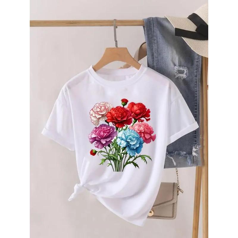 Krótki Rękaw Damski Nadruk Letnia Koszulka Modne Ubrania Koszulki Graficzne Kwiaty Akwarelowe Urocze Ubrania Damska Codzienna Koszulka
