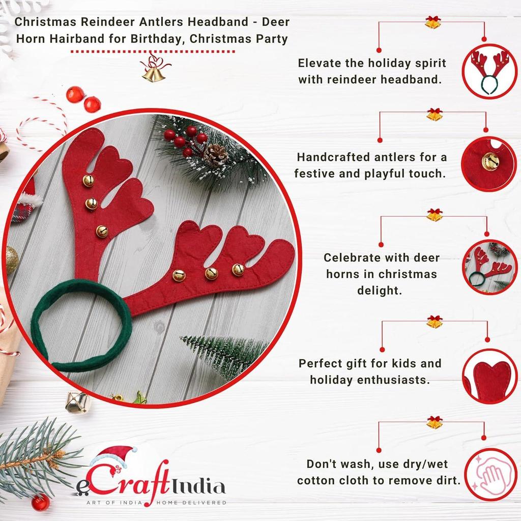 Red Green Christmas Headband Reindeer Antlers Design Hair Band | Deer Horn Hairband for Party Birthday | Xmas Gift for Children Girls