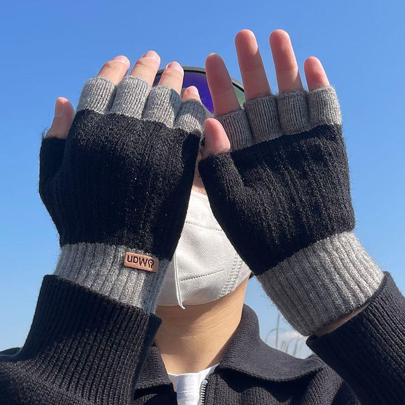 

Men s Thickened Wool Student Writing Knitting Half Finger Gloves Black-Man half finger All yards