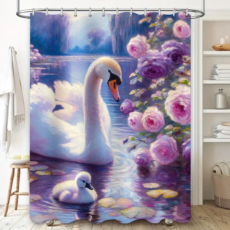 Swan Family Bath Shower Curtain Floral Design For Bathroom Decor Waterproof Fabric Printed In White Pink Purple Colors 180X245Cm