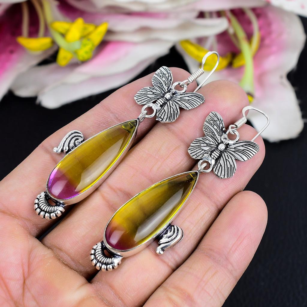 Bi-Color Tourmaline Gemstone 925 Sterling Silver Jewelry Earring 3.15" KG-1774