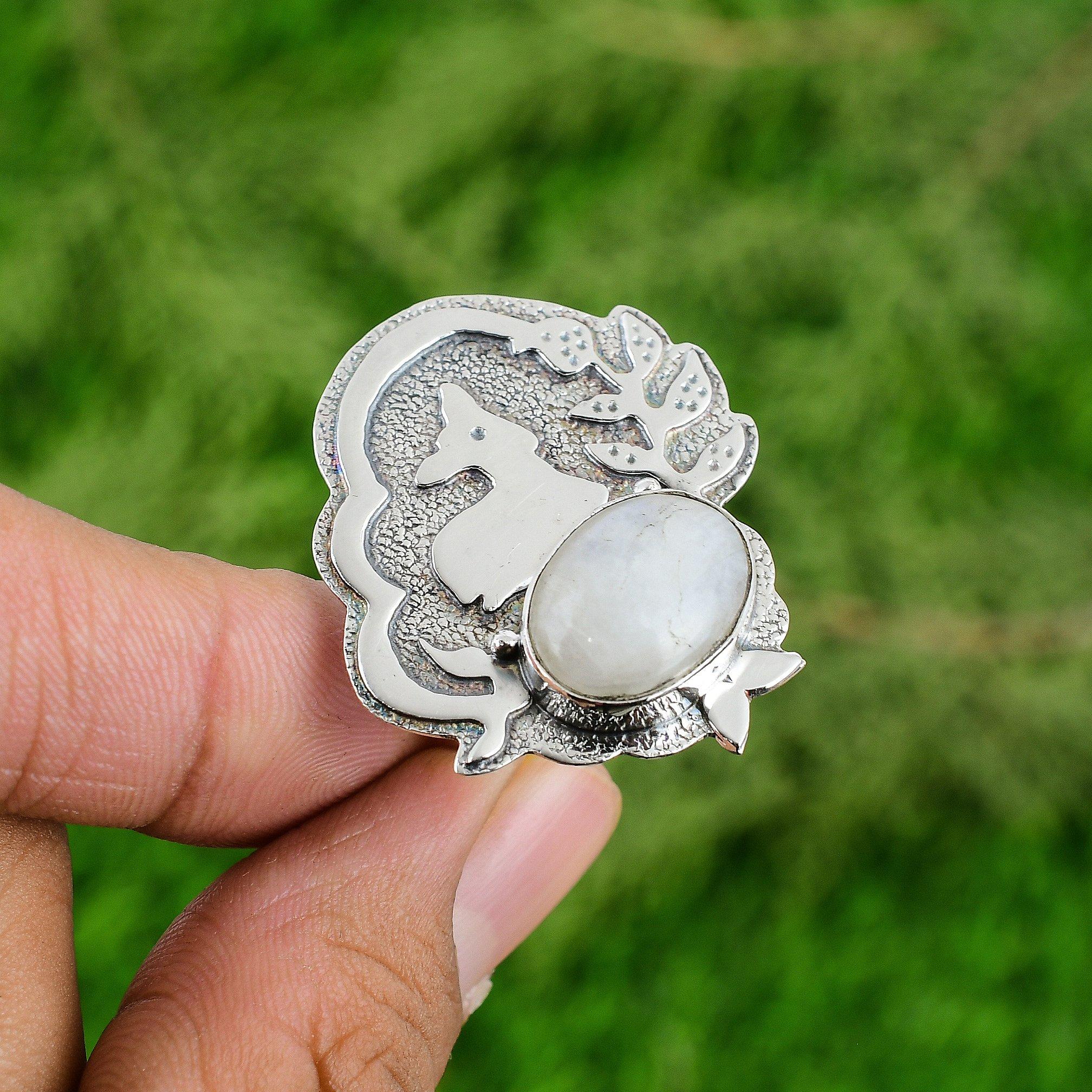 

Серебро 925 пробы Натуральный радужный лунный камень Солитер Элегантный Дочь Новое кольцо Ювелирные изделия Adjustable