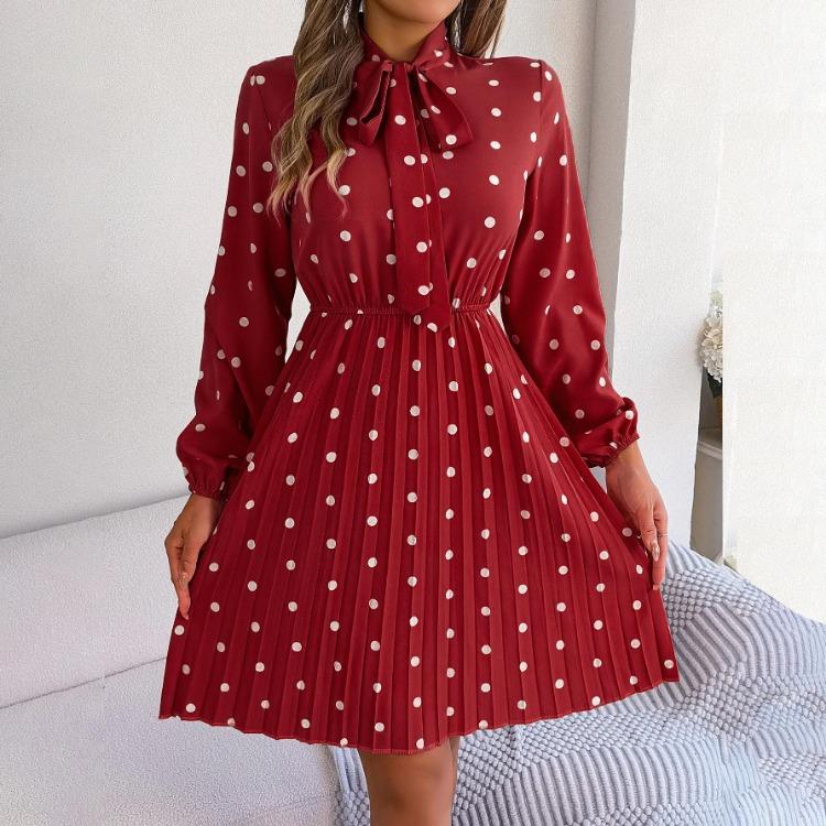 

Women s Autumn Winter High Waist Pleated Long Sleeve Dress Lace Up Dot Temperament XL червоний