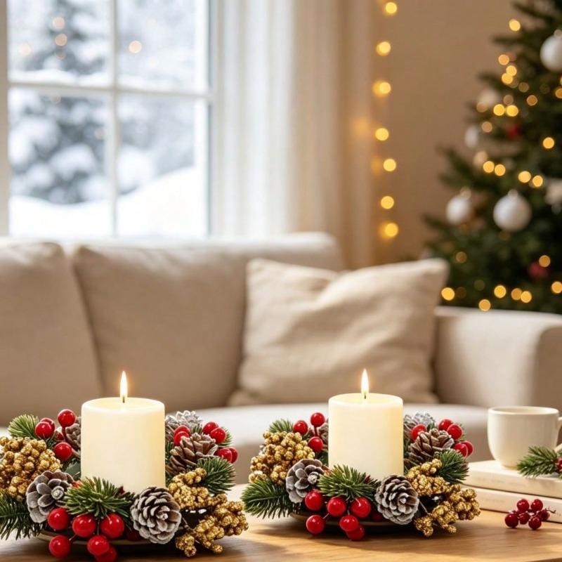 2Pcs Artificial Pinecone Christmas Wreath, Christmas Floral Candle Holder, Tabletop Home Decor Ornament, Festive Atmosphere Decoration