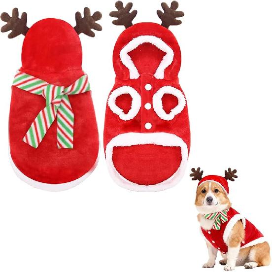 Pet Hoodie Christmas Outfit - Warm Puppy Costume with Hat, Funny Holiday Cosplay Pet Clothes for Small Medium Dogs & Cats (Size S: