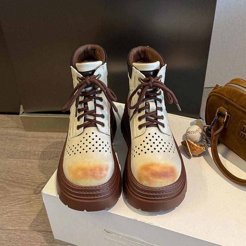 British style retro polished Martin boots women's 2025 new hollow breathable thick-bottomed mountaineering tooling rhubarb boots