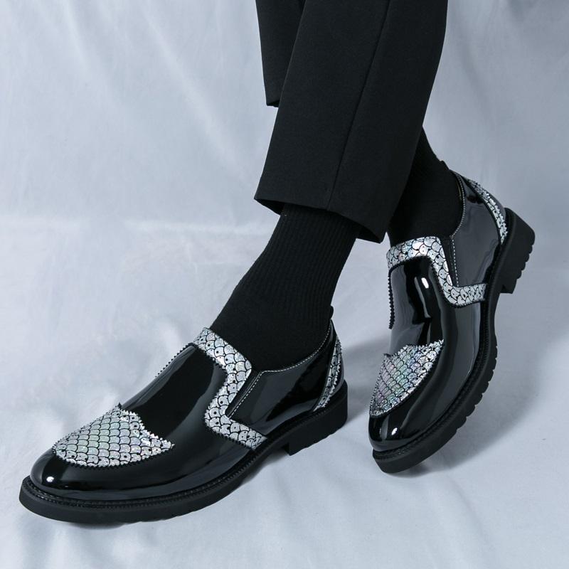 New Gold Silver Loafers Men's Pointed Mixed Color Patent Leather Casual Shoes Wedding Dress Homecoming Footwear Zapatos Hombre