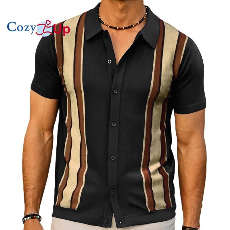 Przytulne męskie koszulki polo Vintage w paski, dzianinowe krótkie rękawy, zapinane na guziki koszulki golfowe